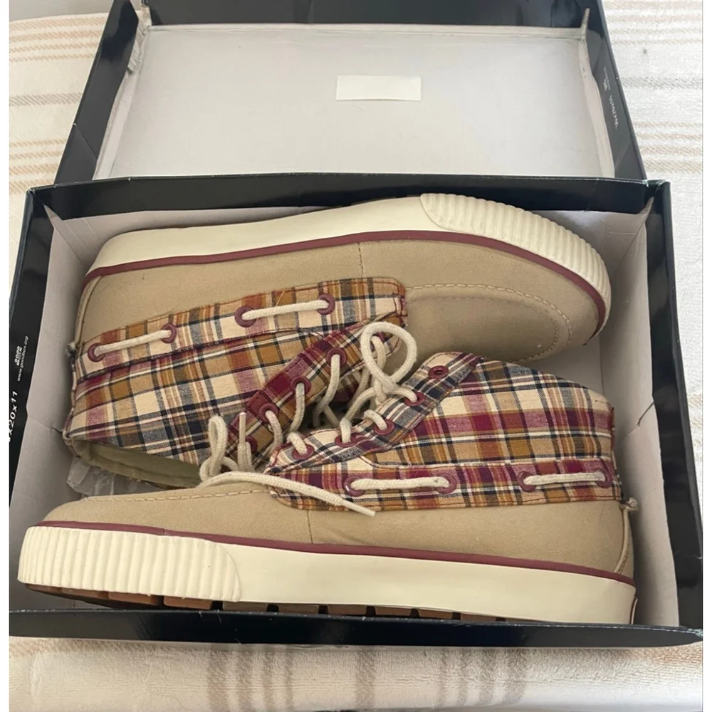 Polo Ralph Lauren Lander Chukka Boots Mens 8D Madras Plaid Tan Canvas